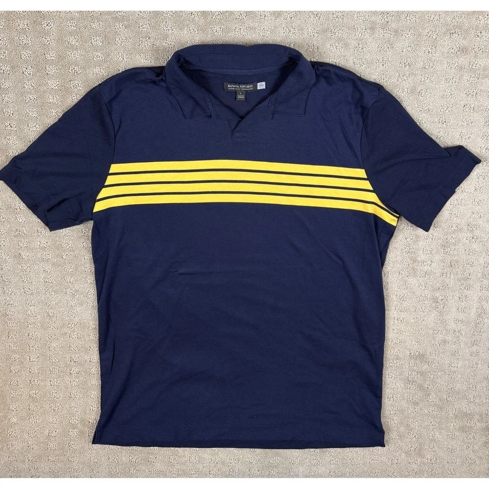 Mens Banana Republic Polo Golf Shirt Striped Navy Yellow Short Sleeve Sz L #1348